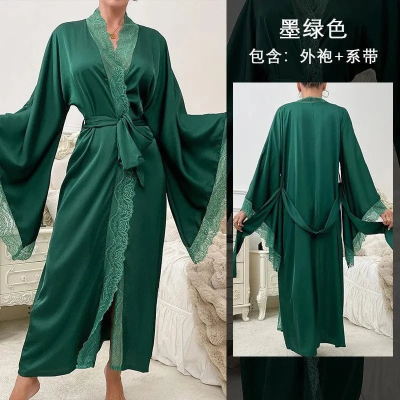 Sexy Long Solid Lace Patchwork Silk Satin Bathrobe Women Flare Sleeve Loose Court Style Nightwear Lace Trim Robes Loungewear - A-1 Thread Vault