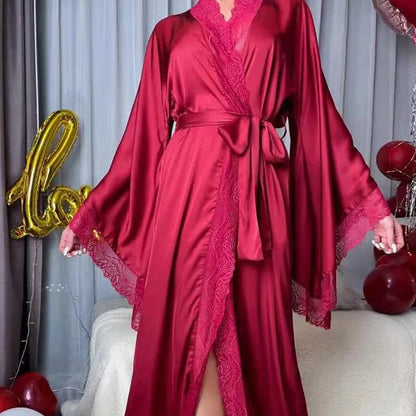 Sexy Long Solid Lace Patchwork Silk Satin Bathrobe Women Flare Sleeve Loose Court Style Nightwear Lace Trim Robes Loungewear - A-1 Thread Vault