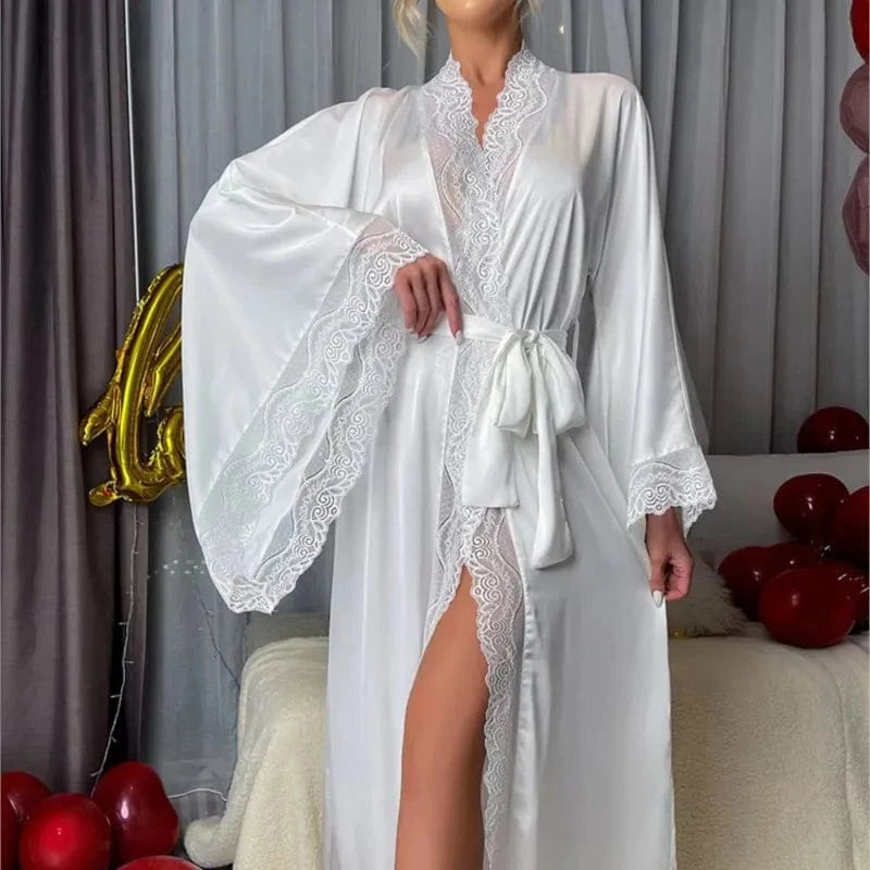 Sexy Long Solid Lace Patchwork Silk Satin Bathrobe Women Flare Sleeve Loose Court Style Nightwear Lace Trim Robes Loungewear - A-1 Thread Vault