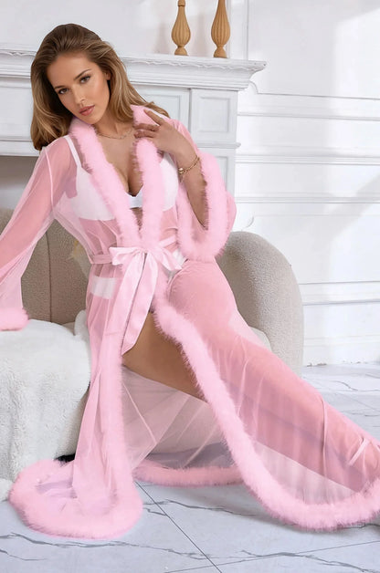 Sexy Mesh and Faux Fur Trim Robe - A-1 Thread Vault