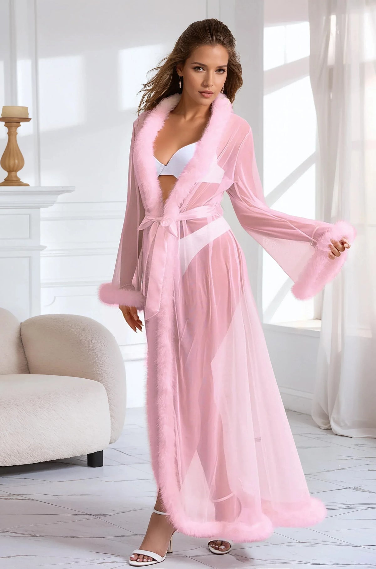 Sexy Mesh and Faux Fur Trim Robe - A-1 Thread Vault