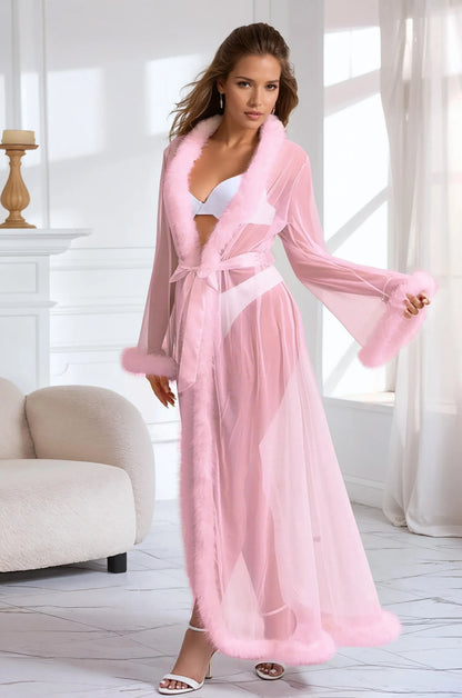 Sexy Mesh and Faux Fur Trim Robe - A-1 Thread Vault