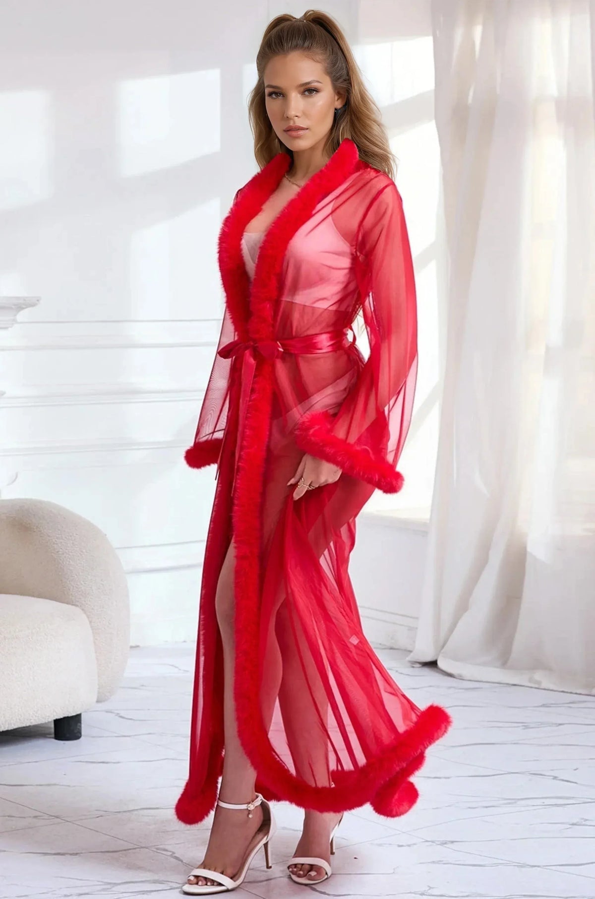 Sexy Mesh and Faux Fur Trim Robe - A-1 Thread Vault