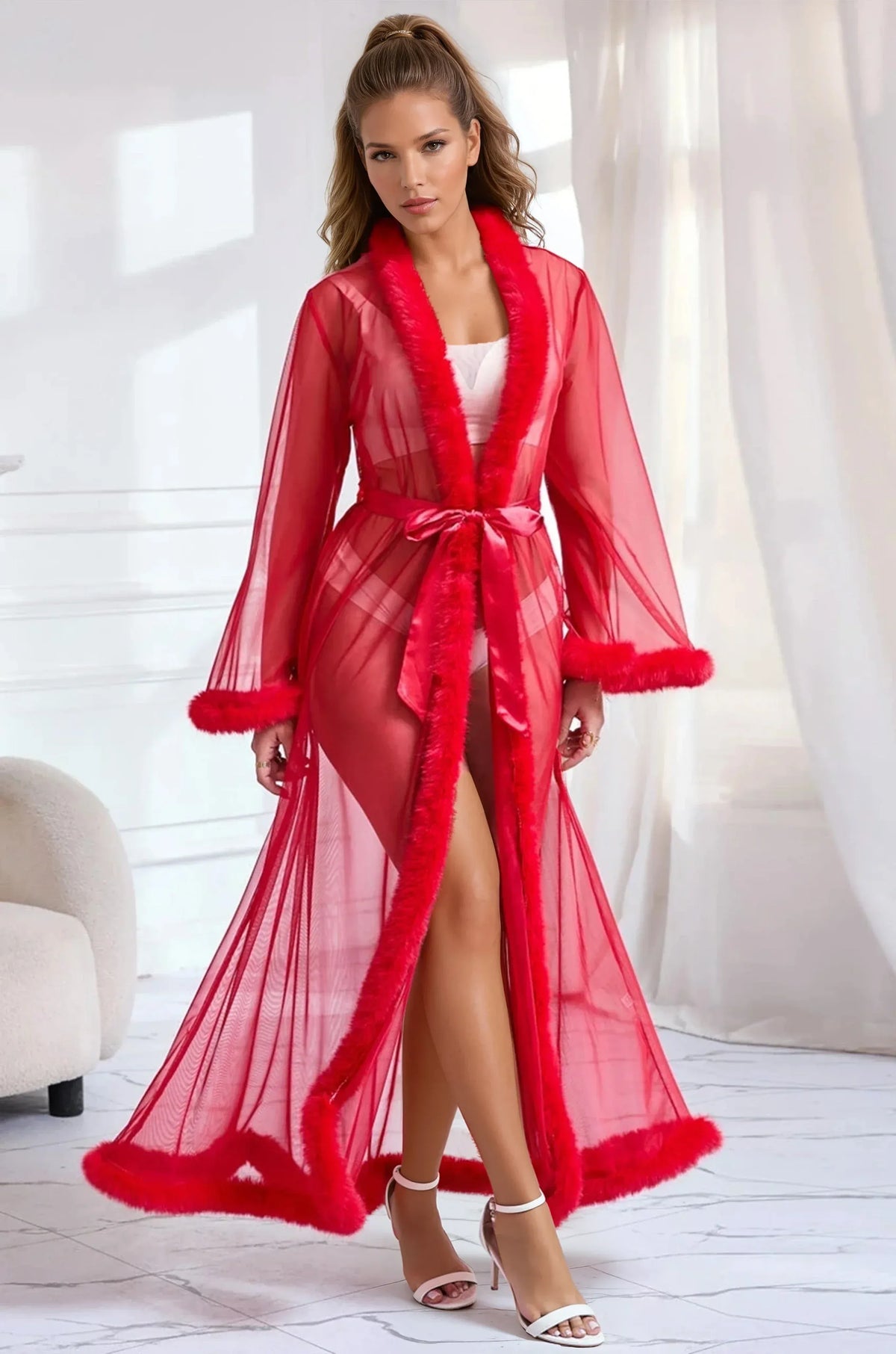 Sexy Mesh and Faux Fur Trim Robe - A-1 Thread Vault