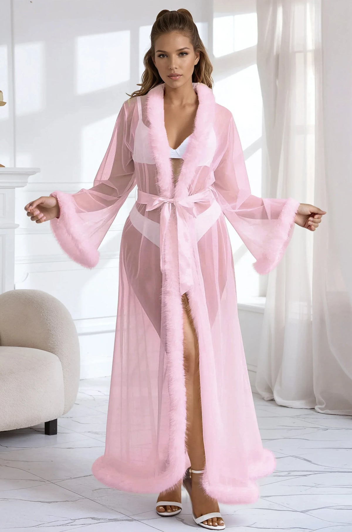 Sexy Mesh and Faux Fur Trim Robe - A-1 Thread Vault