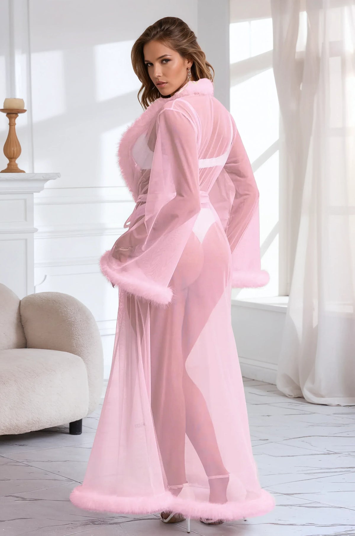 Sexy Mesh and Faux Fur Trim Robe - A-1 Thread Vault