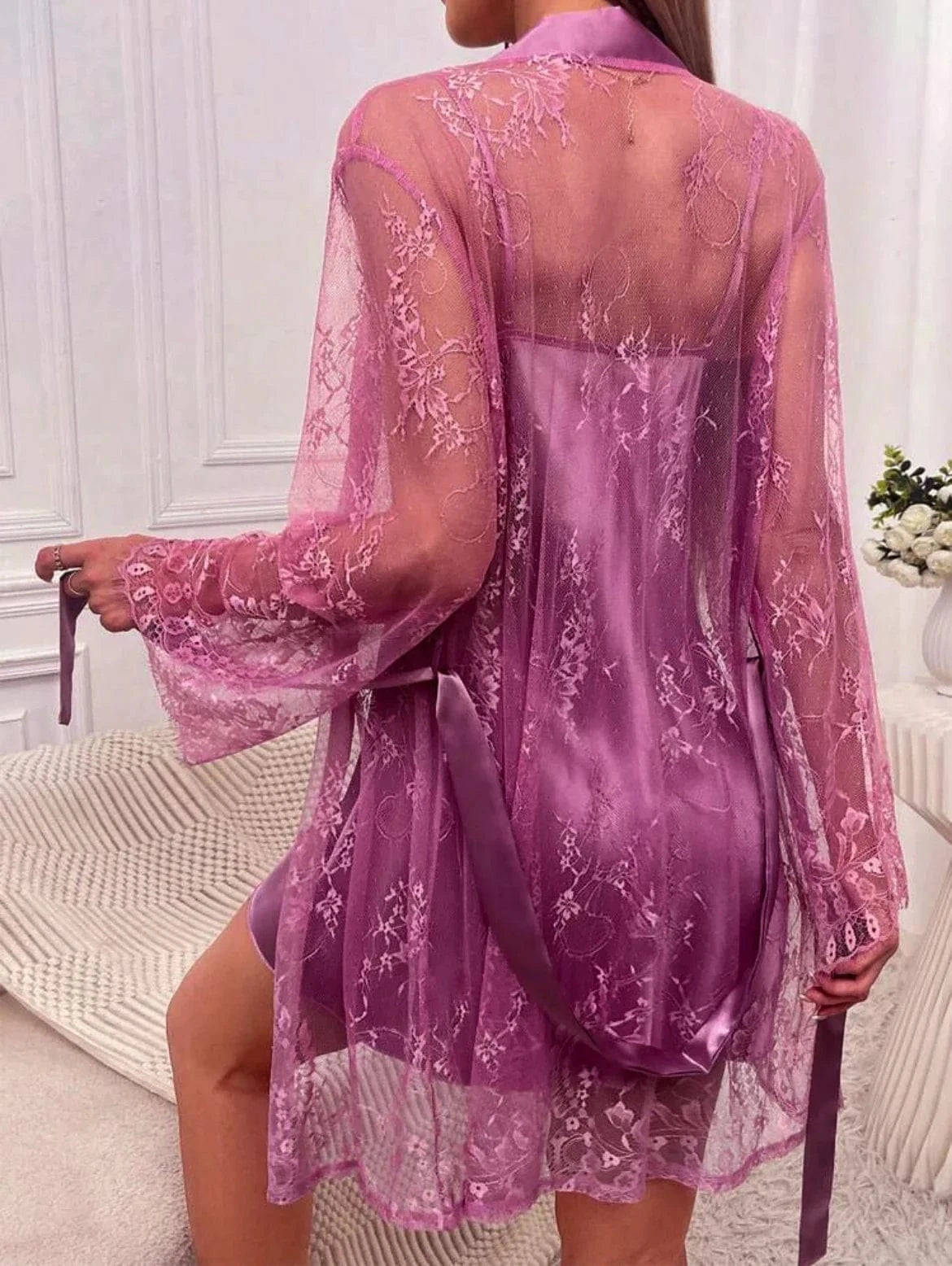 Sexy mesh nightgown with lace and lace, tempting perspective sleepwear, women's outerwear, home clothes - A-1 Thread Vault