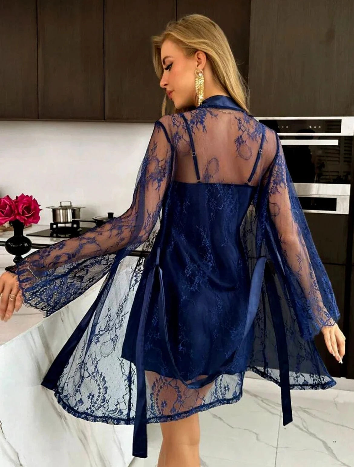 Sexy mesh nightgown with lace and lace, tempting perspective sleepwear, women's outerwear, home clothes - A-1 Thread Vault