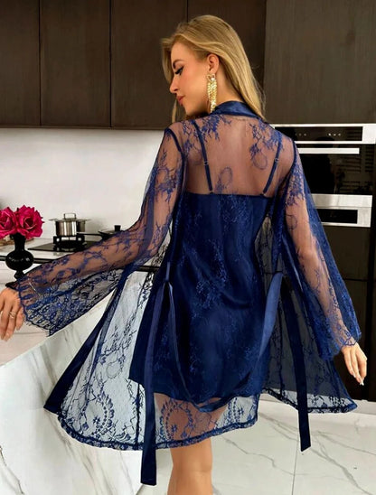 Sexy mesh nightgown with lace and lace, tempting perspective sleepwear, women's outerwear, home clothes - A-1 Thread Vault