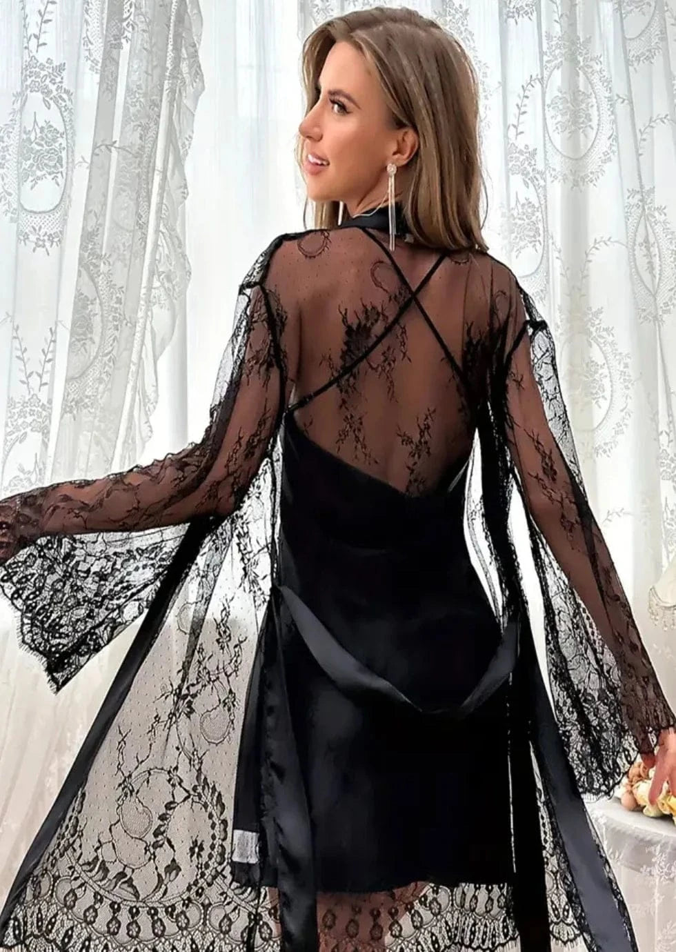 Sexy mesh nightgown with lace and lace, tempting perspective sleepwear, women's outerwear, home clothes - A-1 Thread Vault