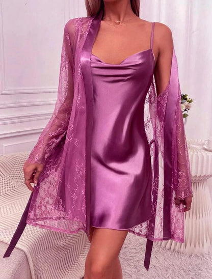 Sexy mesh nightgown with lace and lace, tempting perspective sleepwear, women's outerwear, home clothes - A-1 Thread Vault