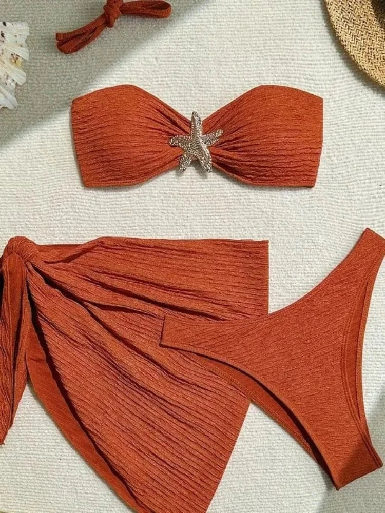 Sexy Metal Starfish Bikinis Set Women Brown Bandeau Push Up Mesh Skirt 3 Piece Swimsuit 2025 Beach Bathing Suit Holiday Swimwear - A-1 Thread Vault