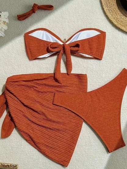 Sexy Metal Starfish Bikinis Set Women Brown Bandeau Push Up Mesh Skirt 3 Piece Swimsuit 2025 Beach Bathing Suit Holiday Swimwear - A-1 Thread Vault