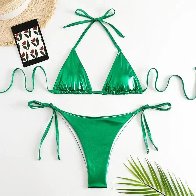 Sexy Metallic Halter Bikinis Sets Lace Up Triangle Tie Side Bikini 2026 Swimsuit Women Swimwear Brazilian Female Bathing Suits - A-1 Thread Vault