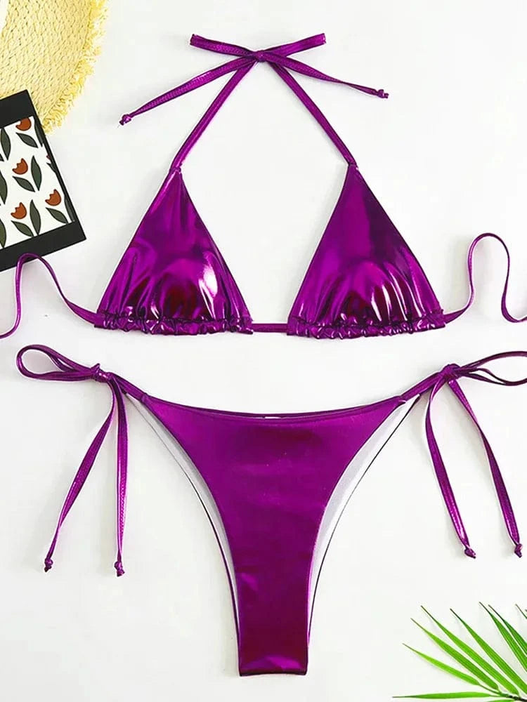 Sexy Metallic Halter Bikinis Sets Lace Up Triangle Tie Side Bikini 2026 Swimsuit Women Swimwear Brazilian Female Bathing Suits - A-1 Thread Vault
