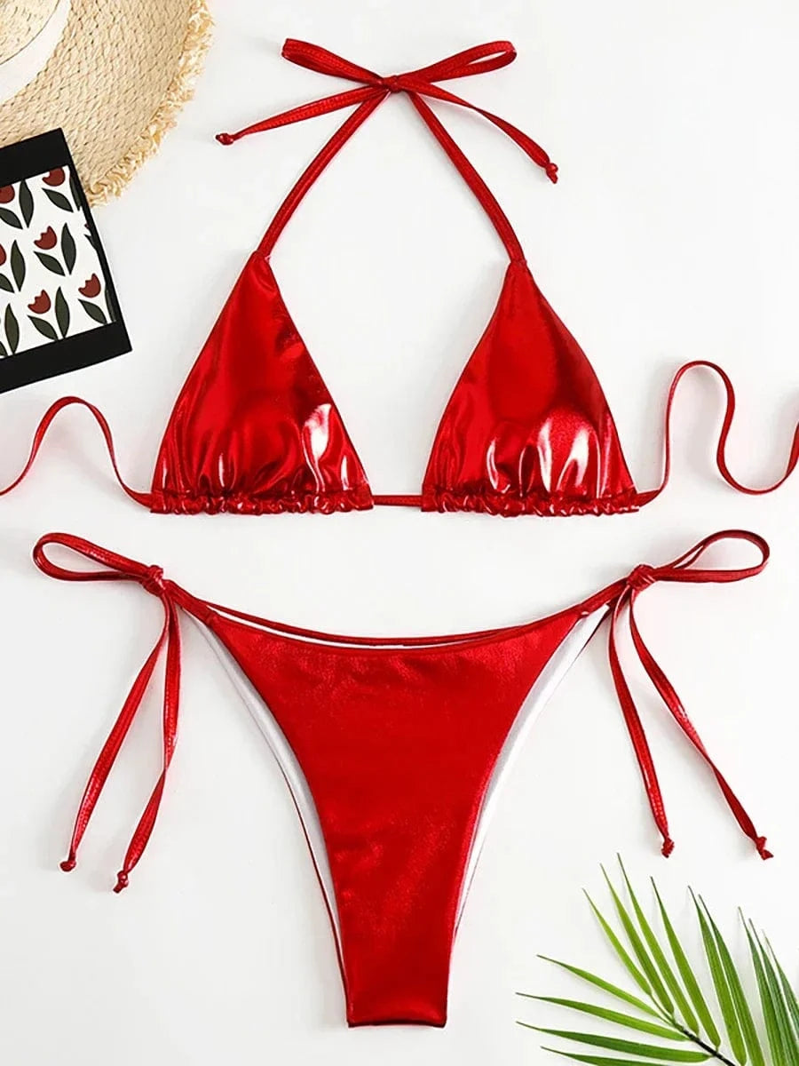 Sexy Metallic Halter Bikinis Sets Lace Up Triangle Tie Side Bikini 2026 Swimsuit Women Swimwear Brazilian Female Bathing Suits - A-1 Thread Vault
