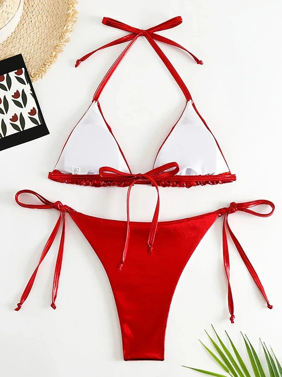 Sexy Metallic Halter Bikinis Sets Lace Up Triangle Tie Side Bikini 2026 Swimsuit Women Swimwear Brazilian Female Bathing Suits - A-1 Thread Vault