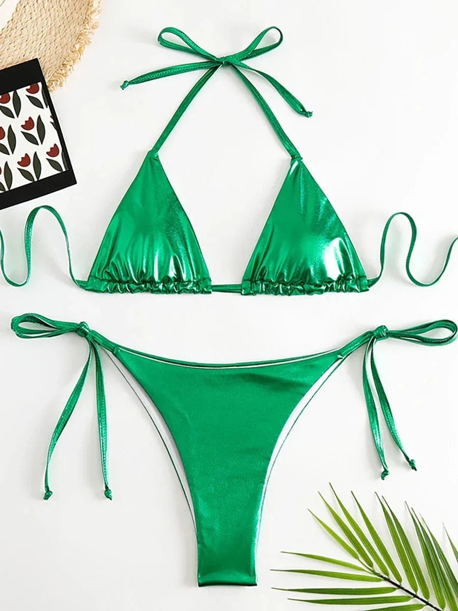 Sexy Metallic Halter Bikinis Sets Lace Up Triangle Tie Side Bikini 2026 Swimsuit Women Swimwear Brazilian Female Bathing Suits - A-1 Thread Vault