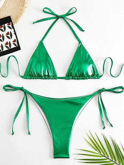 Sexy Metallic Halter Bikinis Sets Lace Up Triangle Tie Side Bikini 2026 Swimsuit Women Swimwear Brazilian Female Bathing Suits - A-1 Thread Vault