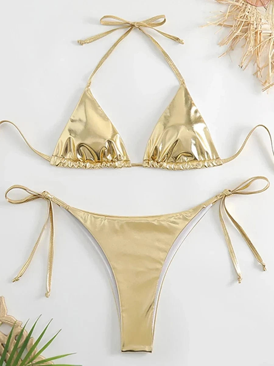 Sexy Metallic Halter Bikinis Sets Lace Up Triangle Tie Side Bikini 2026 Swimsuit Women Swimwear Brazilian Female Bathing Suits - A-1 Thread Vault