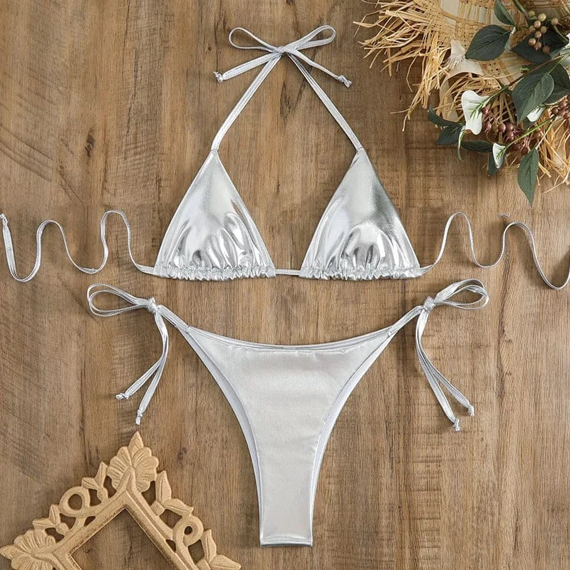 sexy metallic string halter micro mini bikini sets two pieces 2024 women thong swimsuit female bathing suit swimwear biquini - A-1 Thread Vault