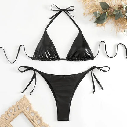 sexy metallic string halter micro mini bikini sets two pieces 2024 women thong swimsuit female bathing suit swimwear biquini - A-1 Thread Vault