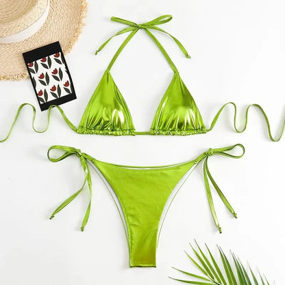 sexy metallic string halter micro mini bikini sets two pieces 2024 women thong swimsuit female bathing suit swimwear biquini - A-1 Thread Vault