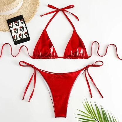sexy metallic string halter micro mini bikini sets two pieces 2024 women thong swimsuit female bathing suit swimwear biquini - A-1 Thread Vault