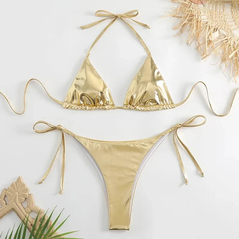 sexy metallic string halter micro mini bikini sets two pieces 2024 women thong swimsuit female bathing suit swimwear biquini - A-1 Thread Vault
