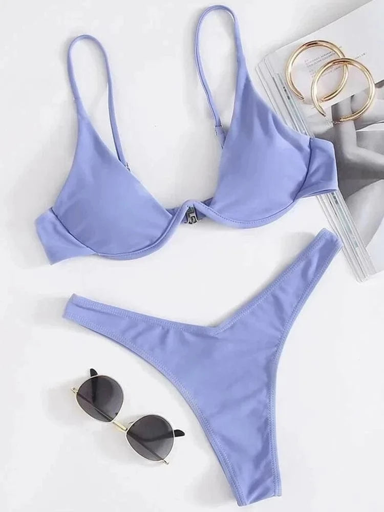 Sexy Neon V-bar Underwired Bikini 2025 Female Ribbed Swimsuit Women Thong Swimwear Two-pieces Bikini set Push up Bathing Suit - A-1 Thread Vault