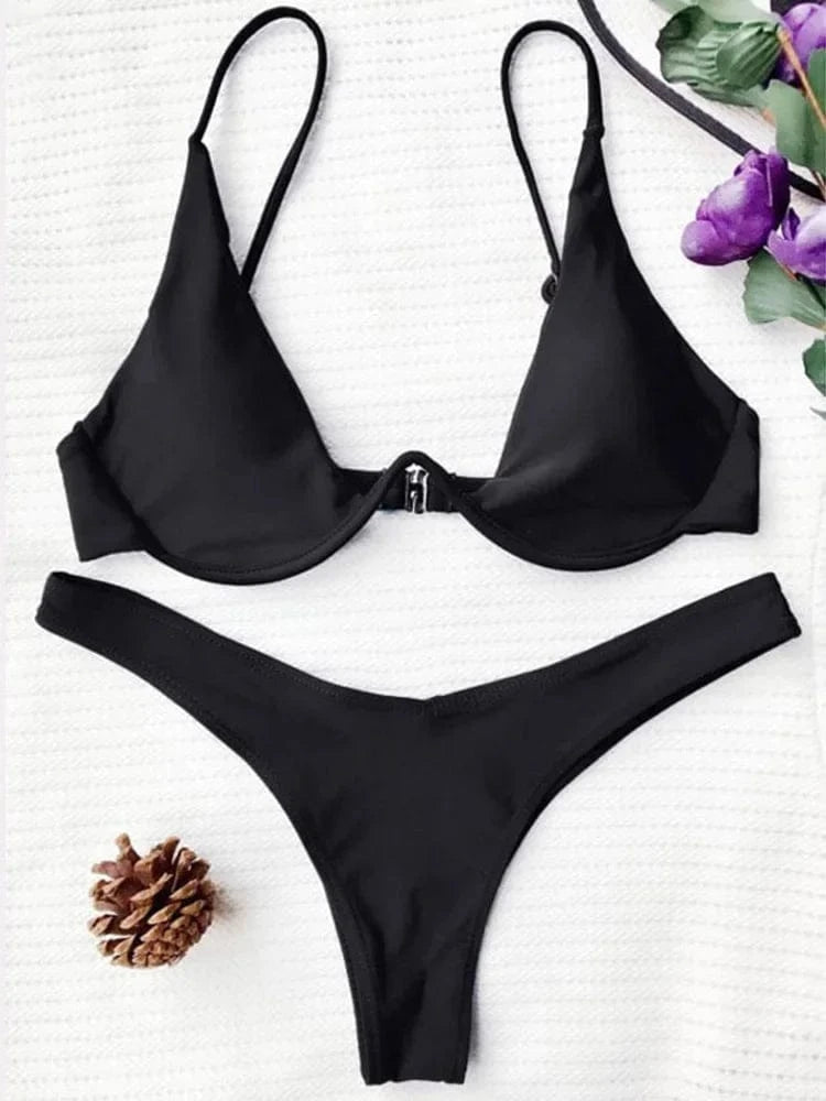 Sexy Neon V-bar Underwired Bikini 2025 Female Ribbed Swimsuit Women Thong Swimwear Two-pieces Bikini set Push up Bathing Suit - A-1 Thread Vault