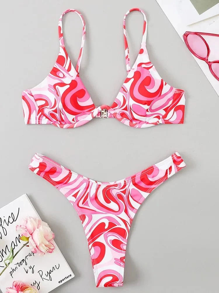 Sexy Neon V-bar Underwired Bikini 2025 Female Ribbed Swimsuit Women Thong Swimwear Two-pieces Bikini set Push up Bathing Suit - A-1 Thread Vault