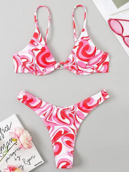 Sexy Neon V-bar Underwired Bikini 2025 Female Ribbed Swimsuit Women Thong Swimwear Two-pieces Bikini set Push up Bathing Suit - A-1 Thread Vault