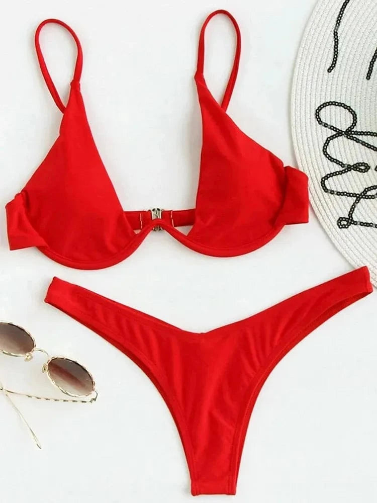 Sexy Neon V-bar Underwired Bikini 2025 Female Ribbed Swimsuit Women Thong Swimwear Two-pieces Bikini set Push up Bathing Suit - A-1 Thread Vault