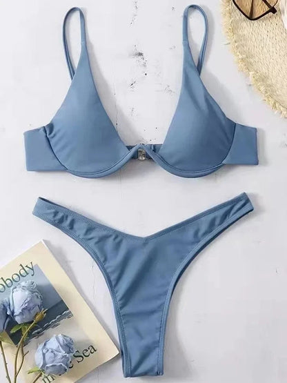 Sexy Neon V-bar Underwired Bikini 2025 Female Ribbed Swimsuit Women Thong Swimwear Two-pieces Bikini set Push up Bathing Suit - A-1 Thread Vault