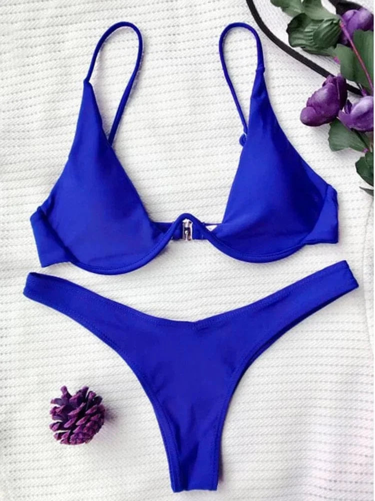 Sexy Neon V-bar Underwired Bikini 2025 Female Ribbed Swimsuit Women Thong Swimwear Two-pieces Bikini set Push up Bathing Suit - A-1 Thread Vault