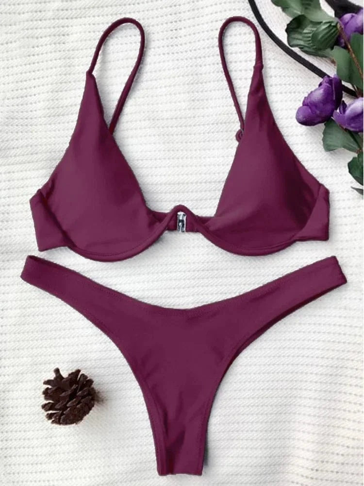 Sexy Neon V-bar Underwired Bikini 2025 Female Ribbed Swimsuit Women Thong Swimwear Two-pieces Bikini set Push up Bathing Suit - A-1 Thread Vault