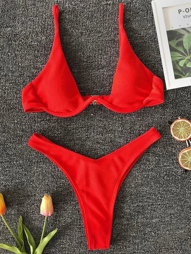 Sexy Neon V-bar Underwired Bikini 2025 Female Ribbed Swimsuit Women Thong Swimwear Two-pieces Bikini set Push up Bathing Suit - A-1 Thread Vault
