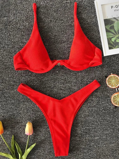 Sexy Neon V-bar Underwired Bikini 2025 Female Ribbed Swimsuit Women Thong Swimwear Two-pieces Bikini set Push up Bathing Suit - A-1 Thread Vault