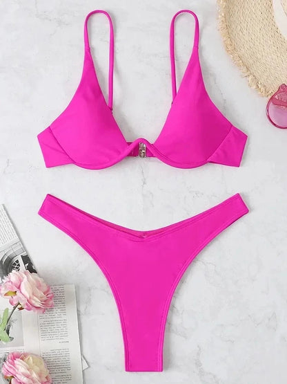 Sexy Neon V-bar Underwired Bikini 2025 Female Ribbed Swimsuit Women Thong Swimwear Two-pieces Bikini set Push up Bathing Suit - A-1 Thread Vault