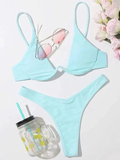 Sexy Neon V-bar Underwired Bikini 2025 Female Ribbed Swimsuit Women Thong Swimwear Two-pieces Bikini set Push up Bathing Suit - A-1 Thread Vault