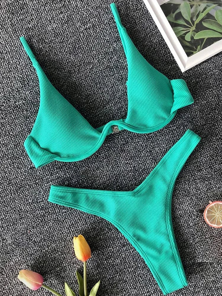 Sexy Neon V-bar Underwired Bikini 2025 Female Ribbed Swimsuit Women Thong Swimwear Two-pieces Bikini set Push up Bathing Suit - A-1 Thread Vault