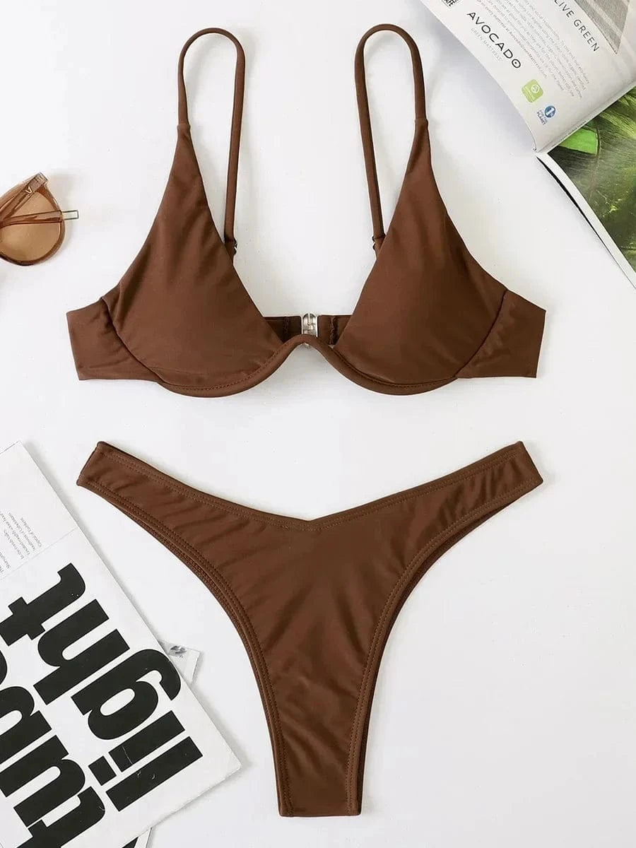 Sexy Neon V-bar Underwired Bikini 2025 Female Ribbed Swimsuit Women Thong Swimwear Two-pieces Bikini set Push up Bathing Suit - A-1 Thread Vault