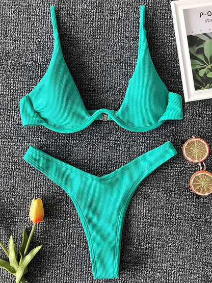 Sexy Neon V-bar Underwired Bikini 2025 Female Ribbed Swimsuit Women Thong Swimwear Two-pieces Bikini set Push up Bathing Suit - A-1 Thread Vault