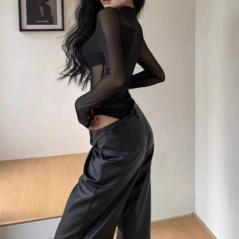 Sexy Perspective Y2k Clothing Hollow Out Bodysuits Mesh Sheer Top Women Long Sleeve Patchwork Bodysuit Black - A-1 Thread Vault