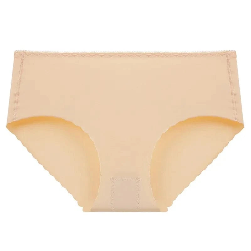 Seamless women's briefs in a solid beige color featuring a laser-cut scalloped edge around the leg openings.