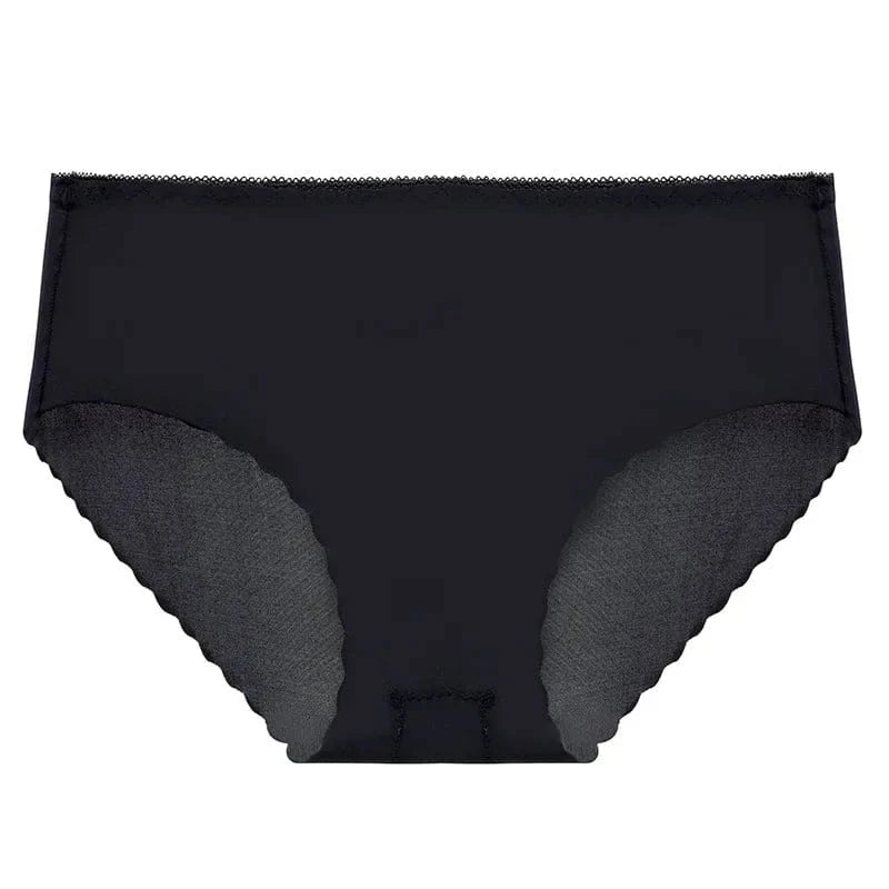 A pair of black women's full-coverage briefs with a seamless scalloped edge design along the leg openings.