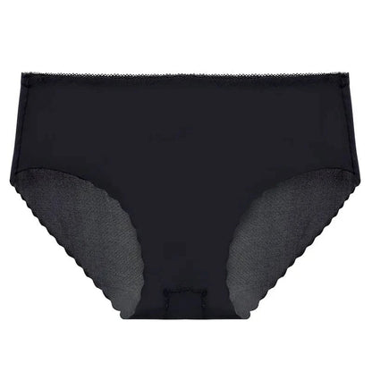 A pair of black women's full-coverage briefs with a seamless scalloped edge design along the leg openings.