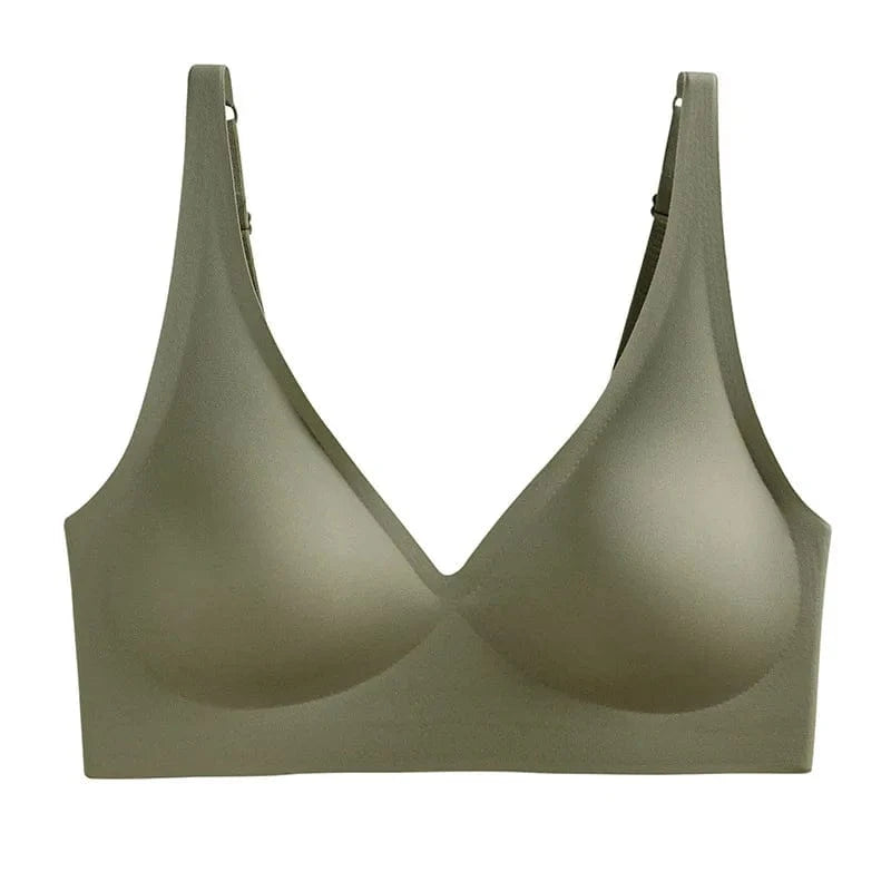 A seamless, v-neck bralette in a solid olive green color with wide shoulder straps and molded cups.