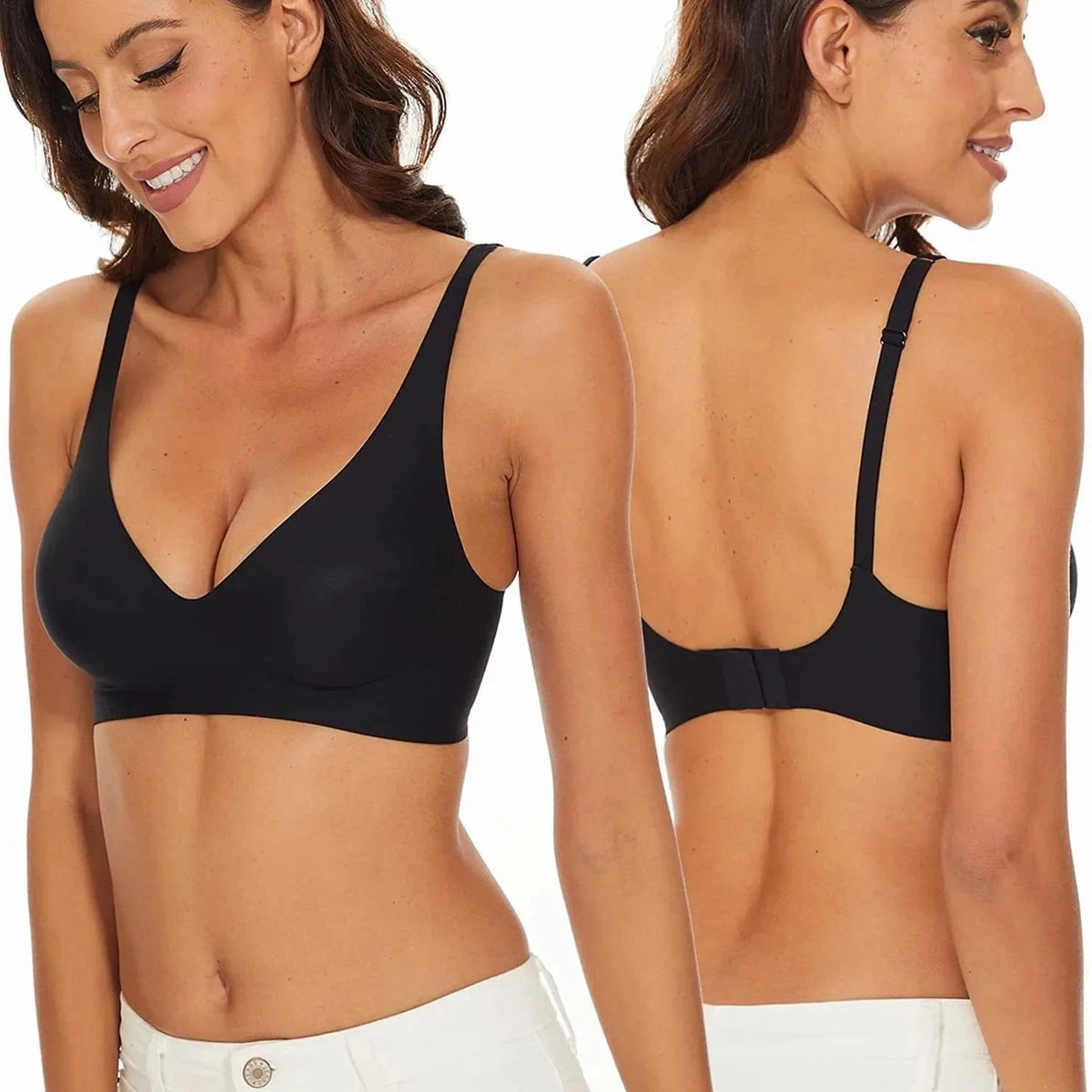 A woman wears a black wireless bra shown from both a front view and a back view featuring a hook and eye closure.